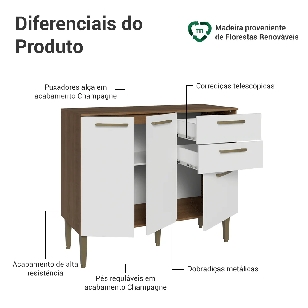 Balcão Gabinete de Pia 105 cm 3 Portas 2 Gavetas Rustic/Branco Lille Madesa - Image 4