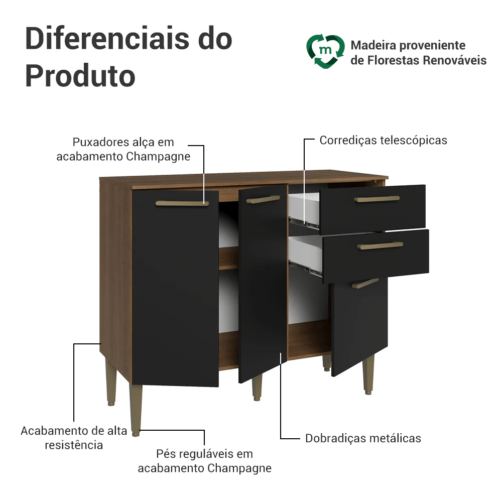 Balcão Gabinete de Pia 105 cm 3 Portas 2 Gavetas Rustic/Preto Lille Madesa - Image 4