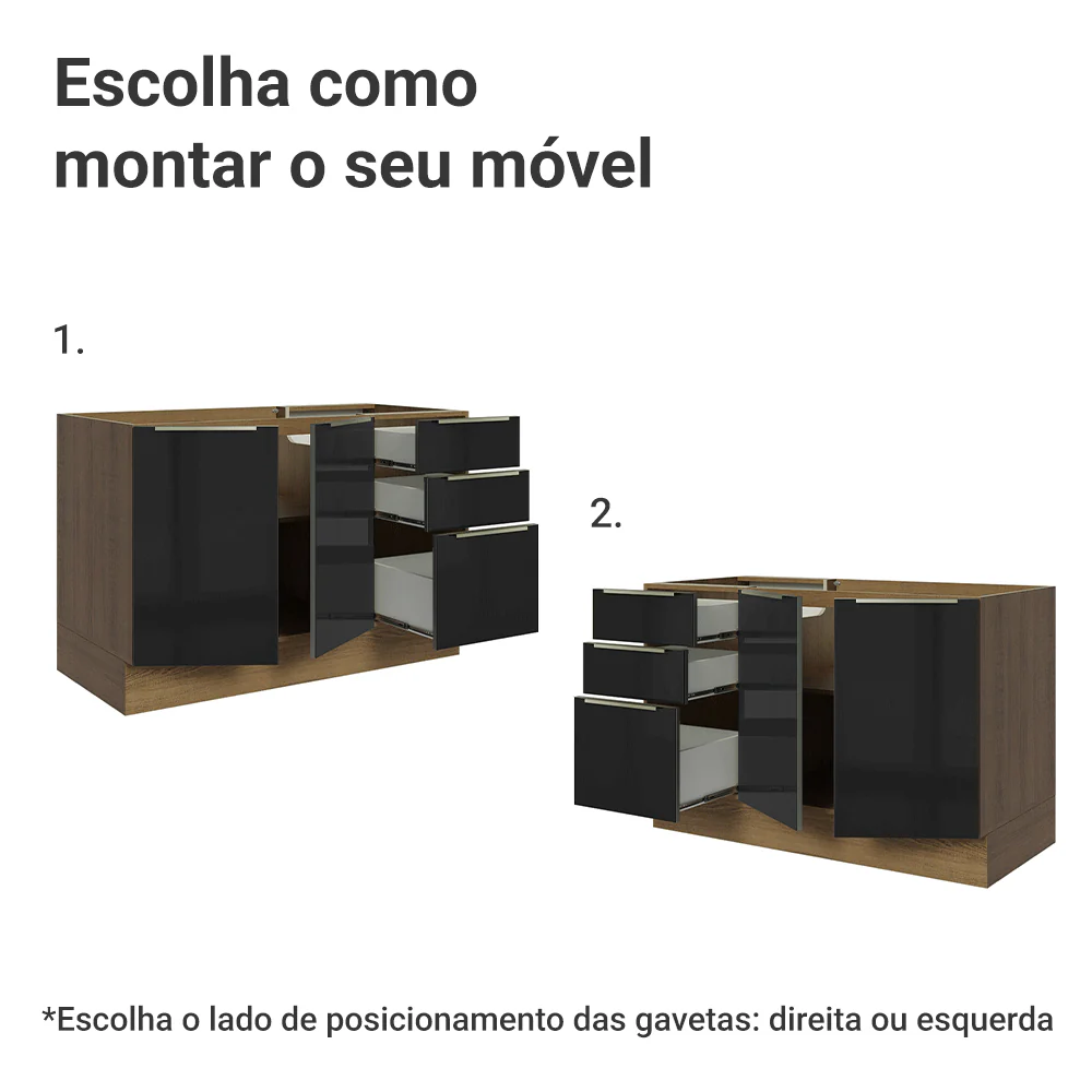 Balcão Gabinete de Pia 120 cm 2 Portas 3 Gavetas (Sem Tampo) Rustic/Preto Lux Madesa - Image 4