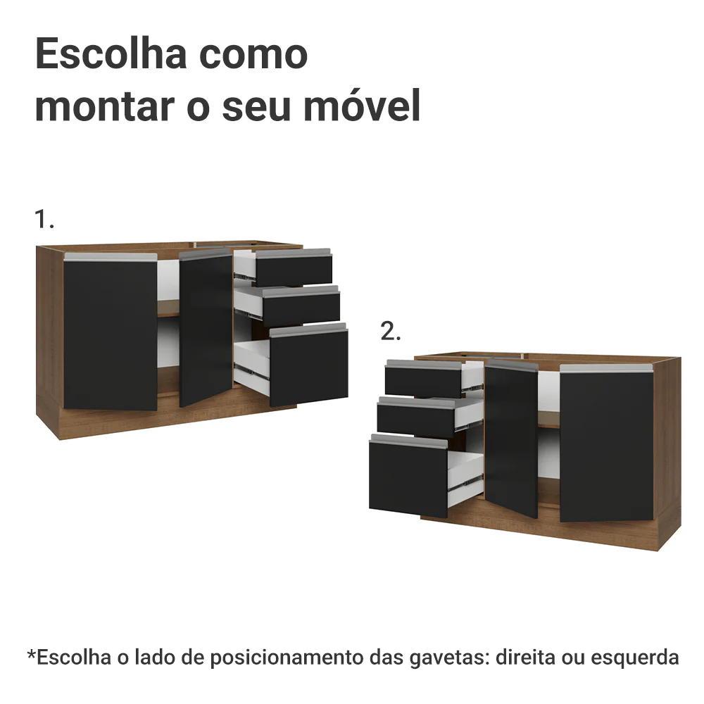 Balcão Gabinete de Pia Madesa Glamy 120 cm 2 Portas e 3 Gavetas (Sem Tampo e Pia) Rustic/Preto - Image 4