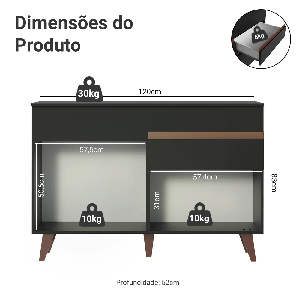 Balcão Gabinete de Pia Madesa Reims 2 Portas e 1 Gaveta Preto - Image 3