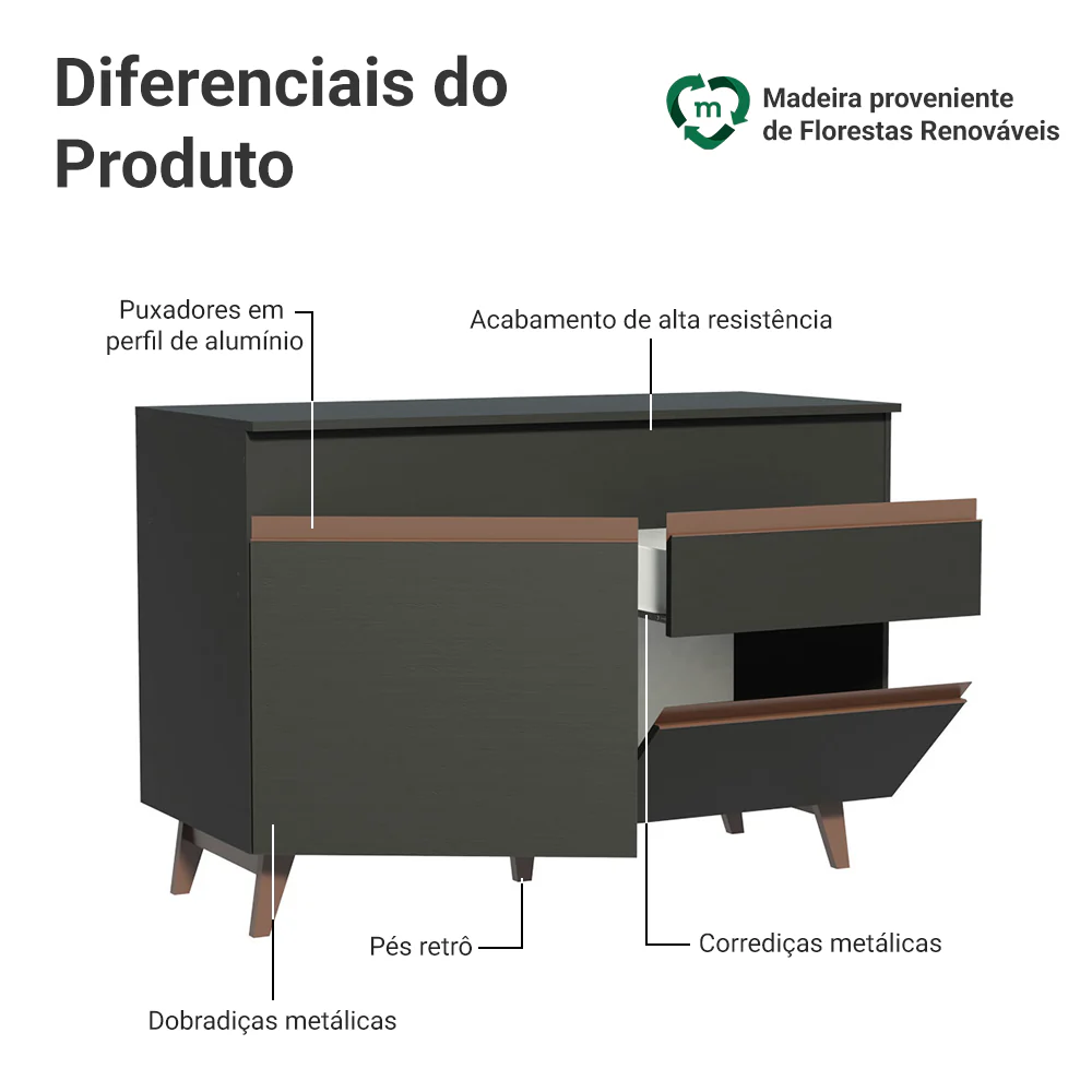 Balcão Gabinete de Pia Madesa Reims 2 Portas e 1 Gaveta Preto - Image 4
