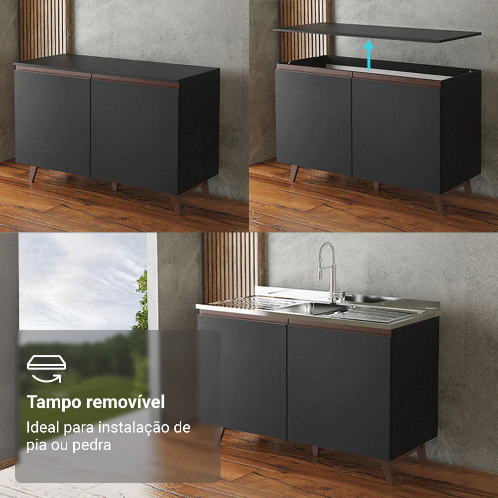 Balcão Gabinete de Pia Madesa Reims 2 Portas e 1 Gaveta Preto - Image 6