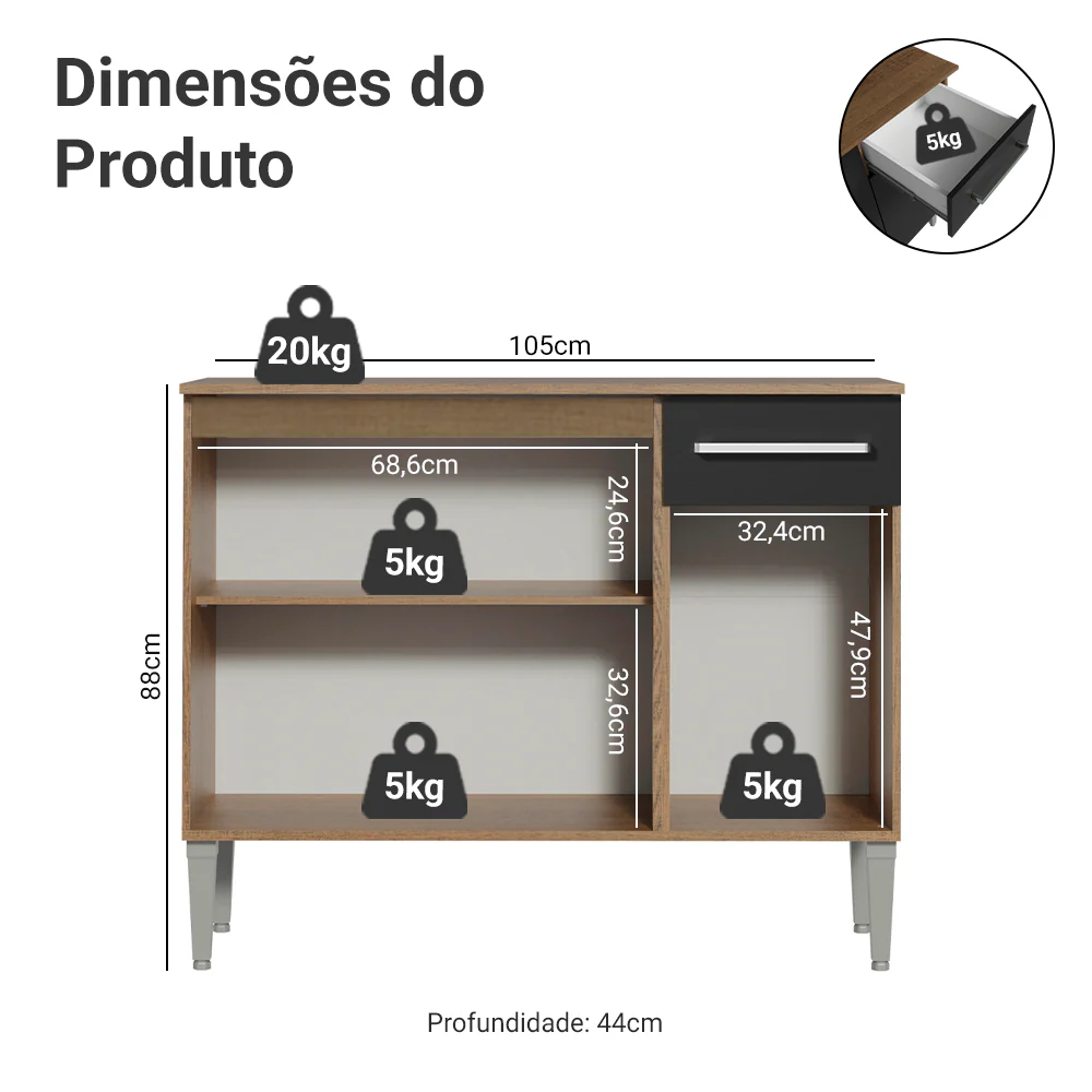 Balcão Gabinete Madesa Emilly 3 Portas e 1 Gaveta Rustic/Preto - Image 2