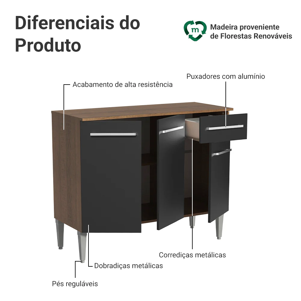 Balcão Gabinete Madesa Emilly 3 Portas e 1 Gaveta Rustic/Preto - Image 3