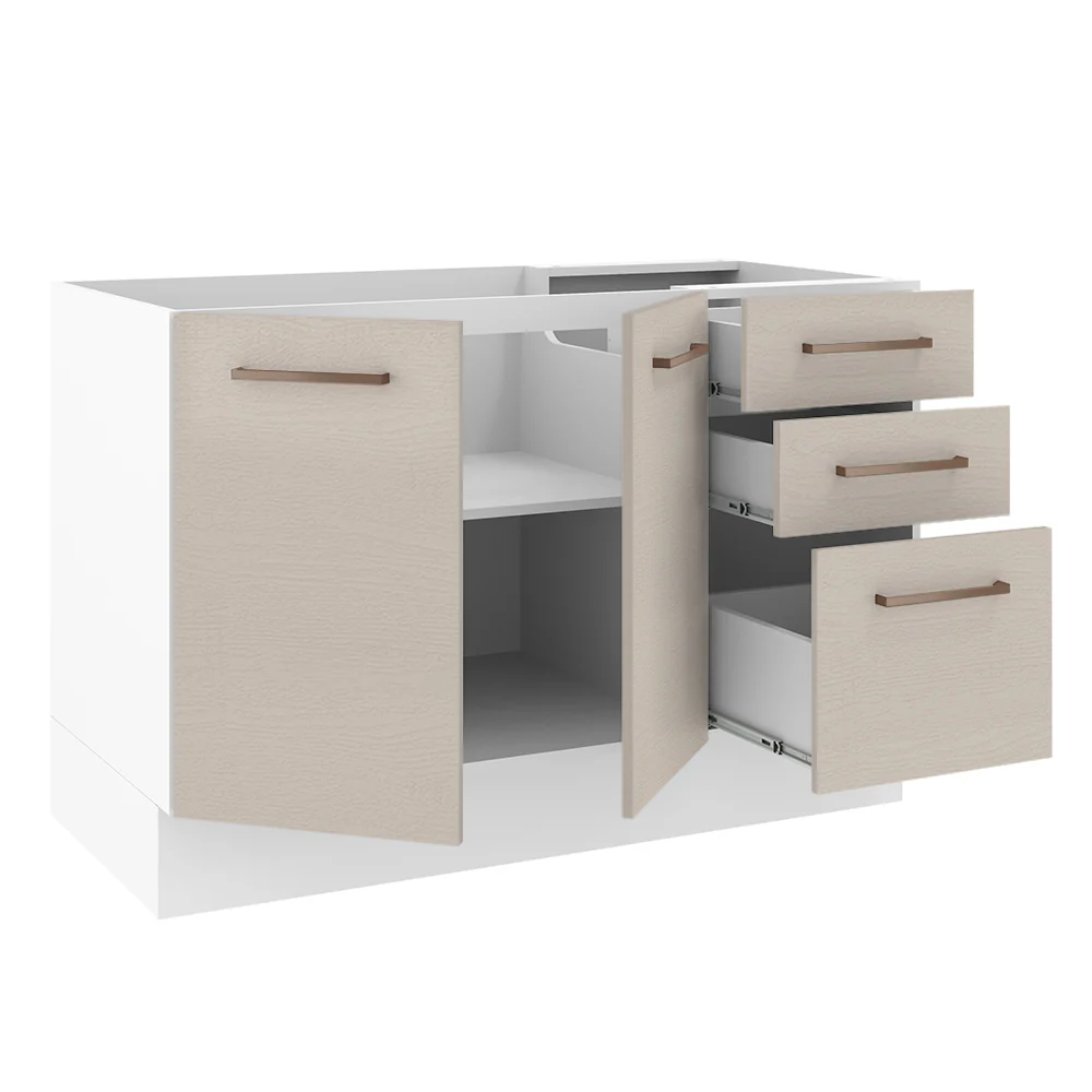 Balcão Gabinete de Pia 120 x 60 cm 2 Portas e 3 Gavetas (Sem Tampo) Branco/Crema Agata Madesa - Image 5