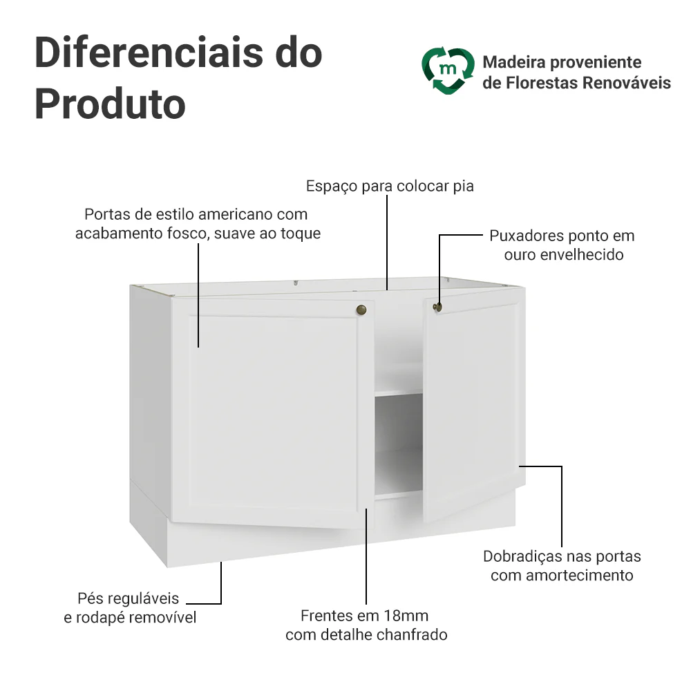 Balcão Gabinete de Pia 120 cm (Sem Tampo) Branco Vik Madesa - Image 3