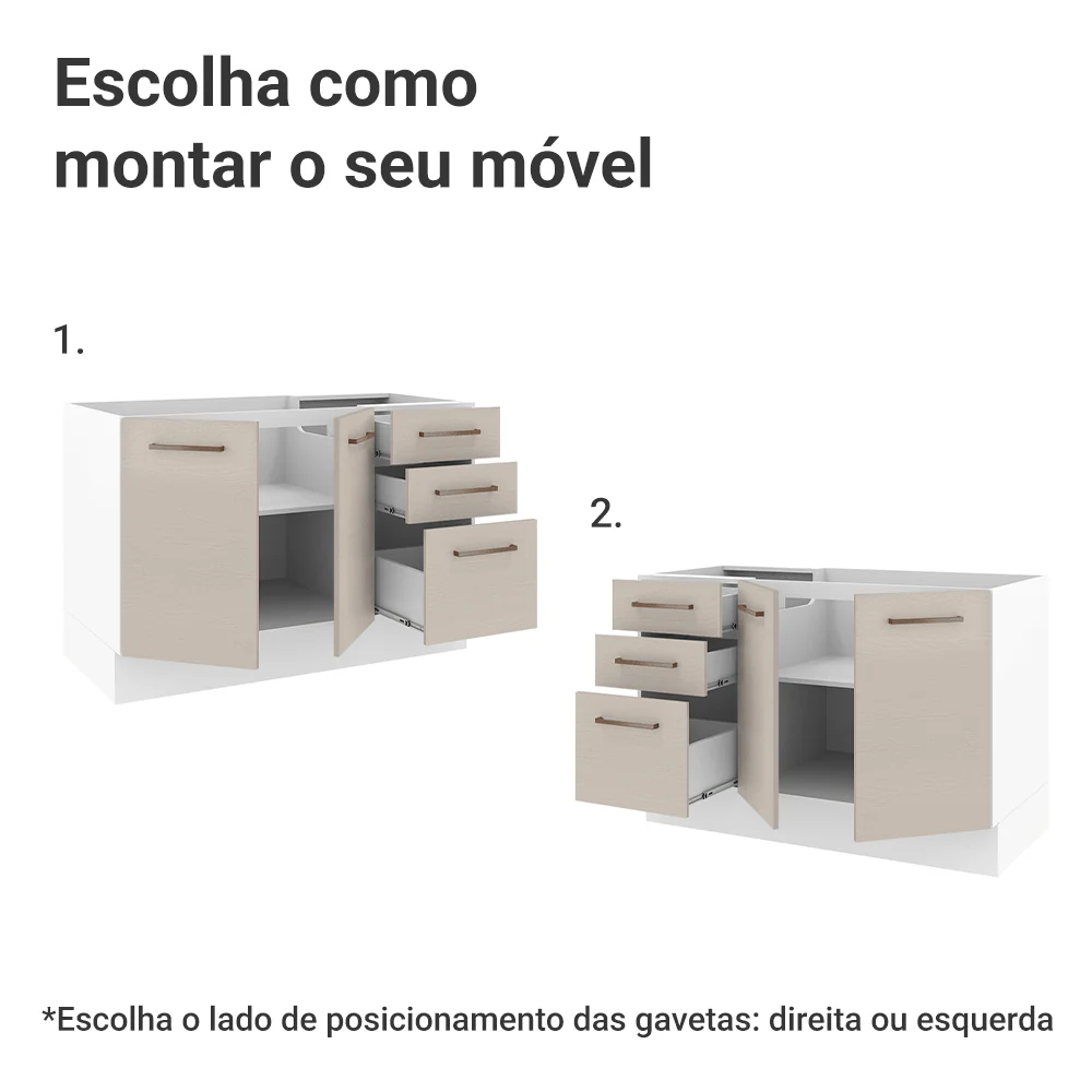 Balcão Gabinete de Pia 2 Portas e 3 Gavetas Branco/Crema Agata Madesa - Image 3