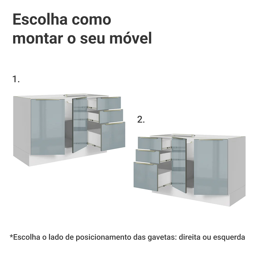 Balcão Gabinete de Pia 120 x 60 cm 2 Portas 3 Gavetas (Sem Tampo) Branco/Cinza Lux Madesa - Image 5