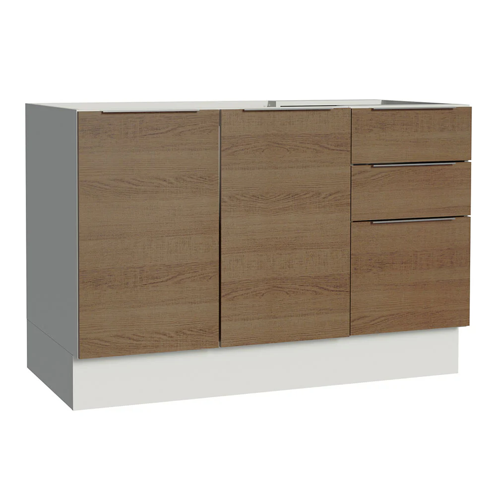 Balcão Gabinete de Pia Madesa Stella 120 x 60 cm 2 Portas e 3 Gavetas (Sem Tampo) Branco/Rustic