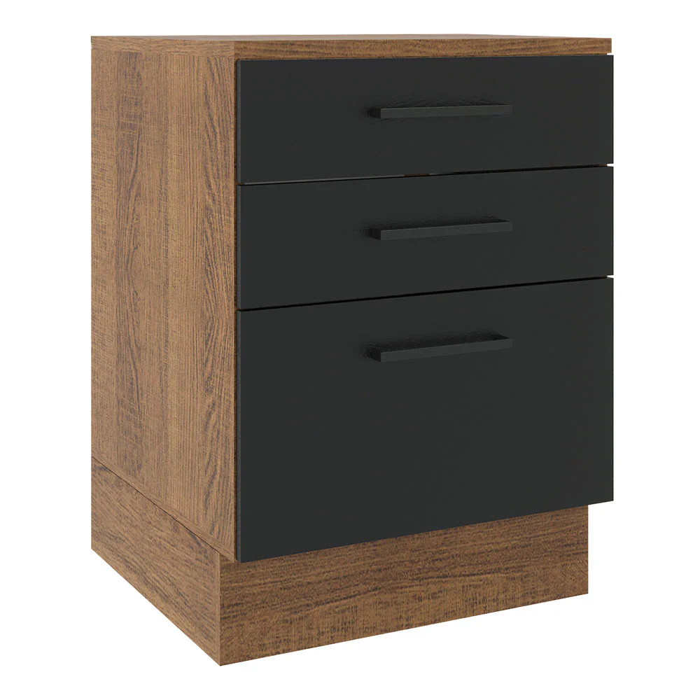 Balcão Madesa Agata 60 cm 3 Gavetas Rustic/Preto