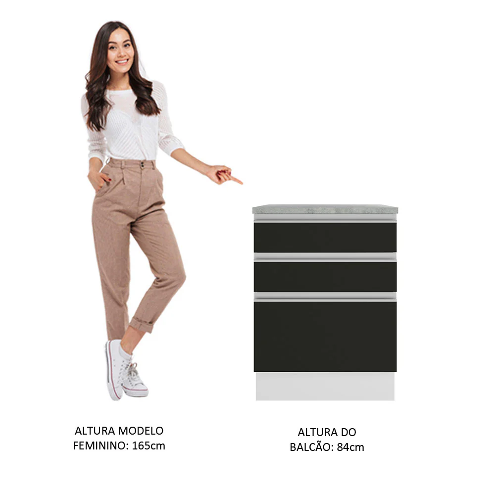 Balcão Madesa Glamy 60 cm 3 Gavetas Branco/Preto - Image 4