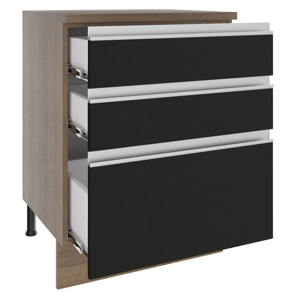 Balcão Madesa Glamy 60 cm 3 Gavetas Rustic/Preto - Image 3