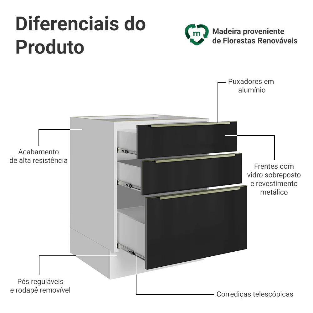 Balcão de Cozinha 60 x 60 cm 3 Gavetas (Sem Tampo) Branco/Preto Lux Madesa - Image 3