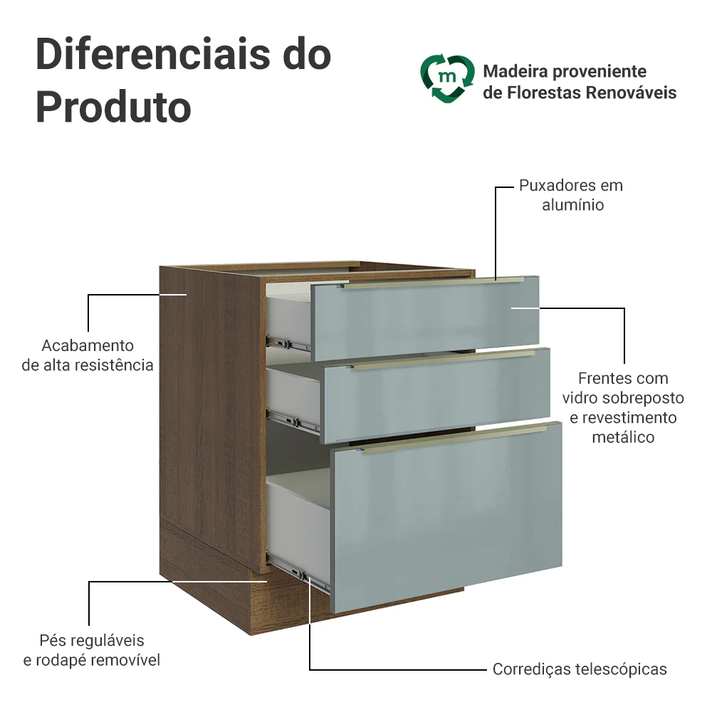 Balcão de Cozinha 60 x 60 cm 3 Gavetas (Sem Tampo) Rustic/Cinza Lux Madesa - Image 3