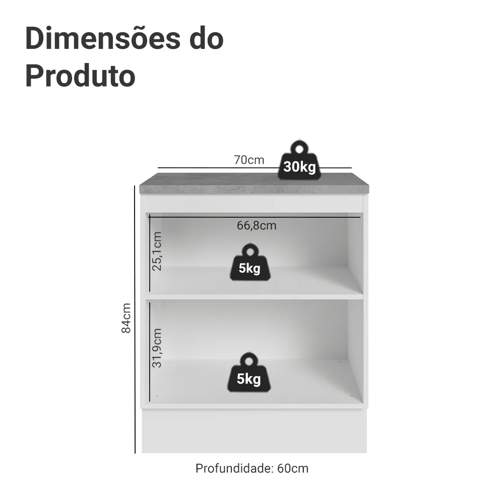 Balcão de Cozinha 70 x 60 cm 2 Portas (Com Tampo) Branco/Preto Lux Madesa - Image 2