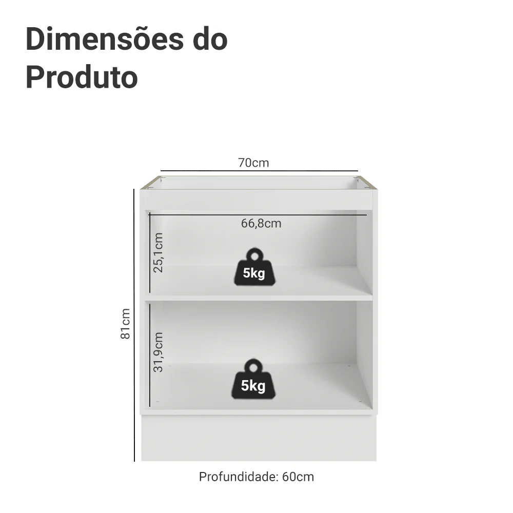 Balcão de Cozinha 70 x 60 cm 2 Portas (Sem Tampo) Branco/Preto Lux Madesa - Image 2