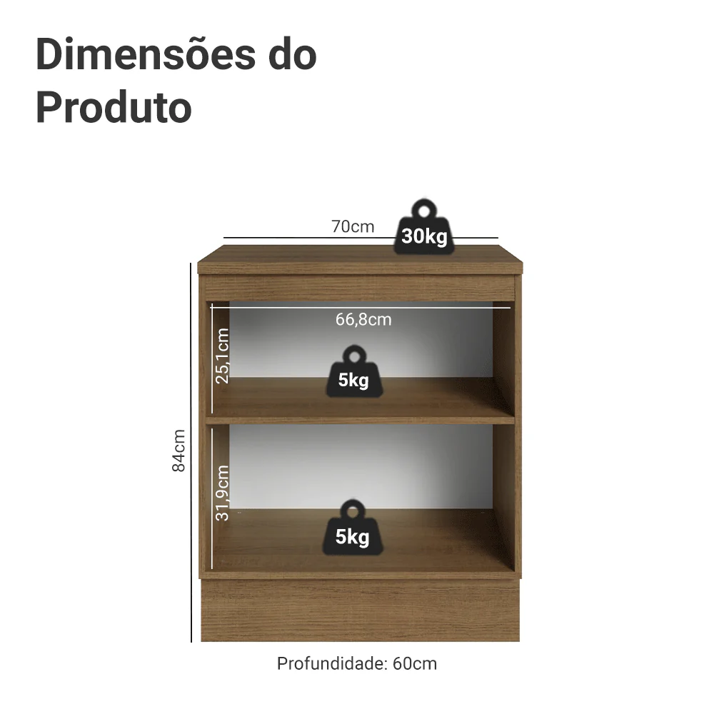 Balcão de Cozinha 70 x 60 cm 2 Portas (Com Tampo) Rustic/Branco Veludo Lux Madesa - Image 2