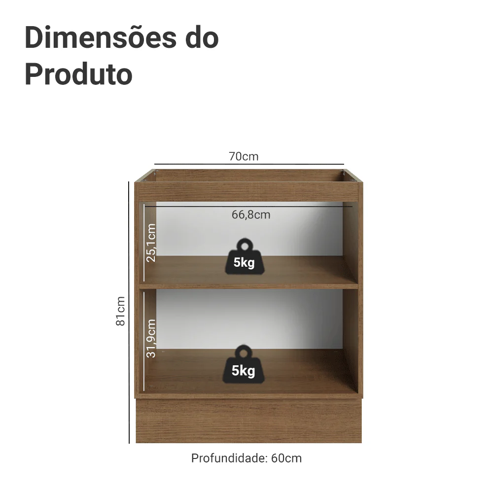 Balcão de Cozinha 70 x 60 cm 2 Portas (Sem Tampo) Rustic/Preto Lux Madesa - Image 2