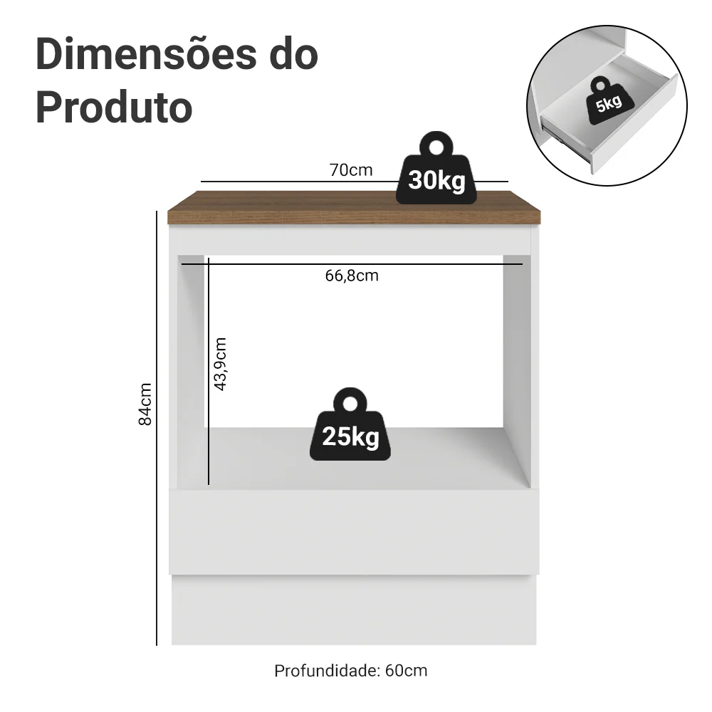 Balcão para Forno/Micro-ondas 70 x 60 cm 1 Gaveta Branco Tampo Rustic Madesa - Image 3