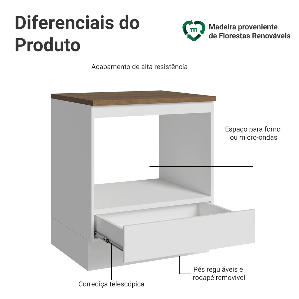 Balcão para Forno/Micro-ondas 70 cm 1 Gaveta Branco Tampo Rustic Madesa - Image 4