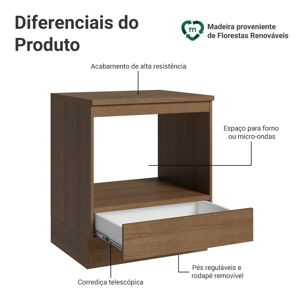Balcão para Forno/Micro-ondas 70 cm 1 Gaveta Rustic Madesa - Image 4
