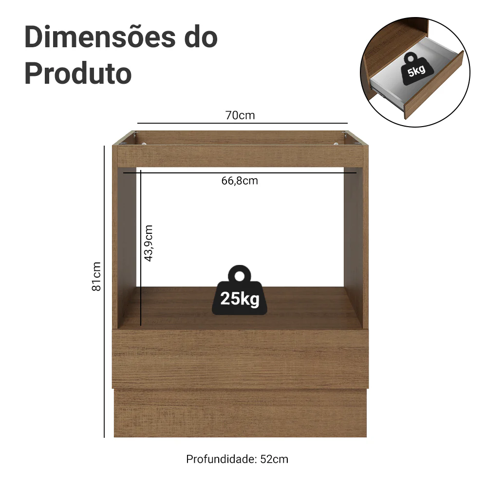 Balcão para Forno/Micro-ondas 70 cm 1 Gaveta (Sem Tampo) Rustic Madesa - Image 3