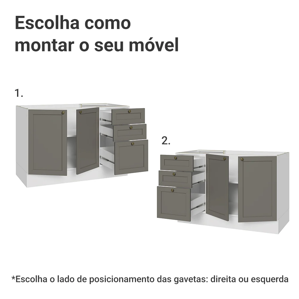 Balcão de Pia 120 x 60 cm 2 Portas 3 Gavetas (Sem Tampo) Branco/Cinza Vik Madesa - Image 4