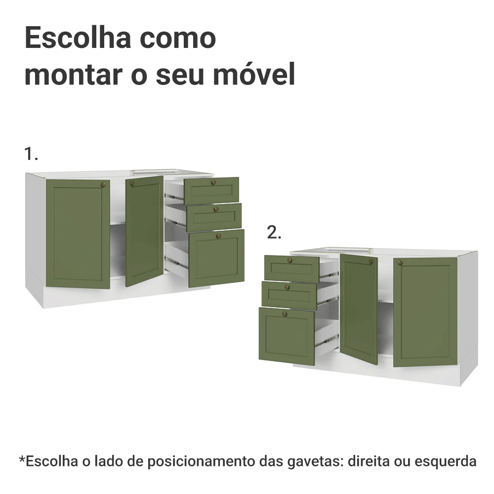 Balcão de Pia 120 x 60 cm 2 Portas 3 Gavetas (Sem Tampo) Branco/Verde Vik Madesa - Image 4