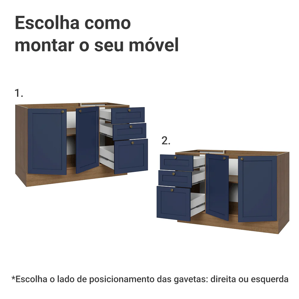 Balcão de Pia 120 x 60 cm 2 Portas 3 Gavetas (Sem Tampo) Rustic/Azul Vik Madesa - Image 4