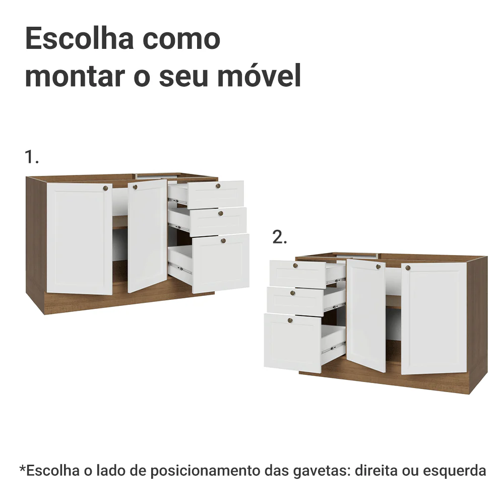 Balcão de Pia 120 x 60 cm 2 Portas 3 Gavetas (Sem Tampo) Rustic/Branco Vik Madesa - Image 4