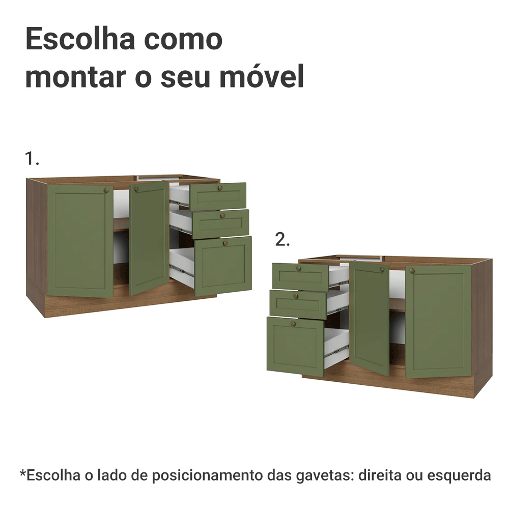 Balcão de Pia 120 x 60 cm 2 Portas 3 Gavetas (Sem Tampo) Rustic/Verde Vik Madesa - Image 4