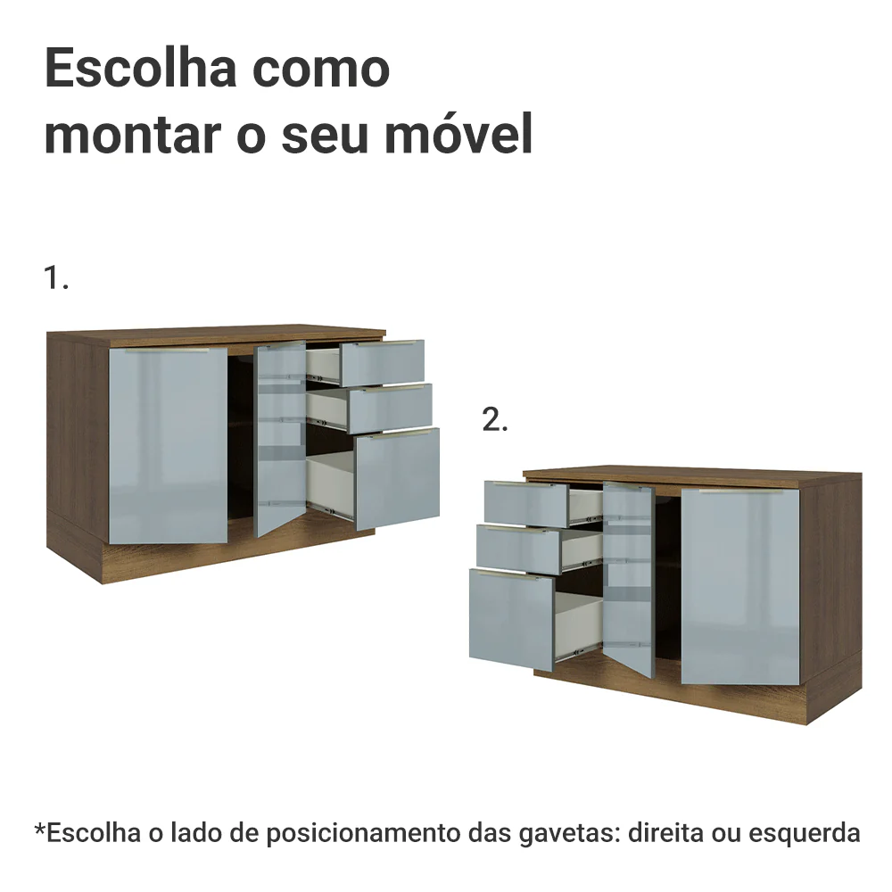 Balcão de Cozinha 120 x 60 cm 2 Portas 3 Gavetas (Com Tampo) Rustic/Cinza Lux Madesa - Image 4