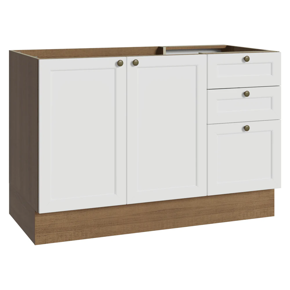 Balcão de Pia 120 cm 2 Portas 3 Gavetas (Sem Tampo) Rustic/Branco Vik Madesa
