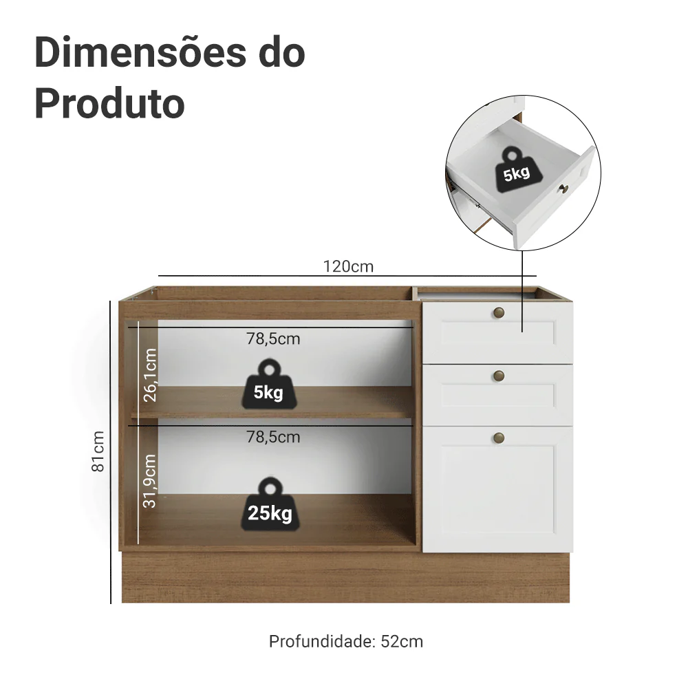 Balcão de Pia 120 cm 2 Portas 3 Gavetas (Sem Tampo) Rustic/Branco Vik Madesa - Image 2