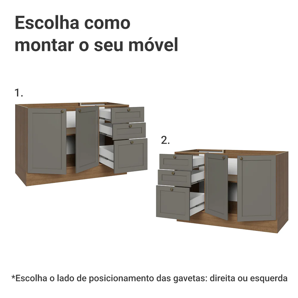 Balcão de Pia 120 cm 2 Portas 3 Gavetas (Sem Tampo) Rustic/Cinza Vik Madesa - Image 4