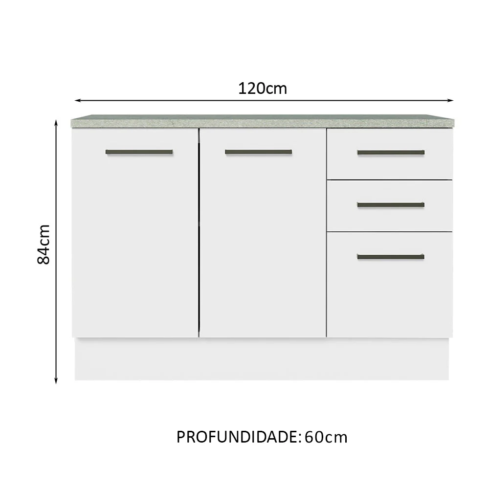 Balcão Cozinha 120 x 60 cm 2 Portas e 3 Gavetas (Com Tampo) Branco Agata Madesa - Image 2