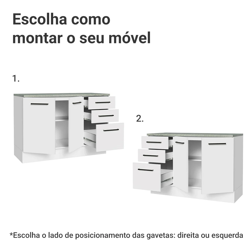 Balcão Cozinha 120 x 60 cm 2 Portas e 3 Gavetas (Com Tampo) Branco Agata Madesa - Image 4