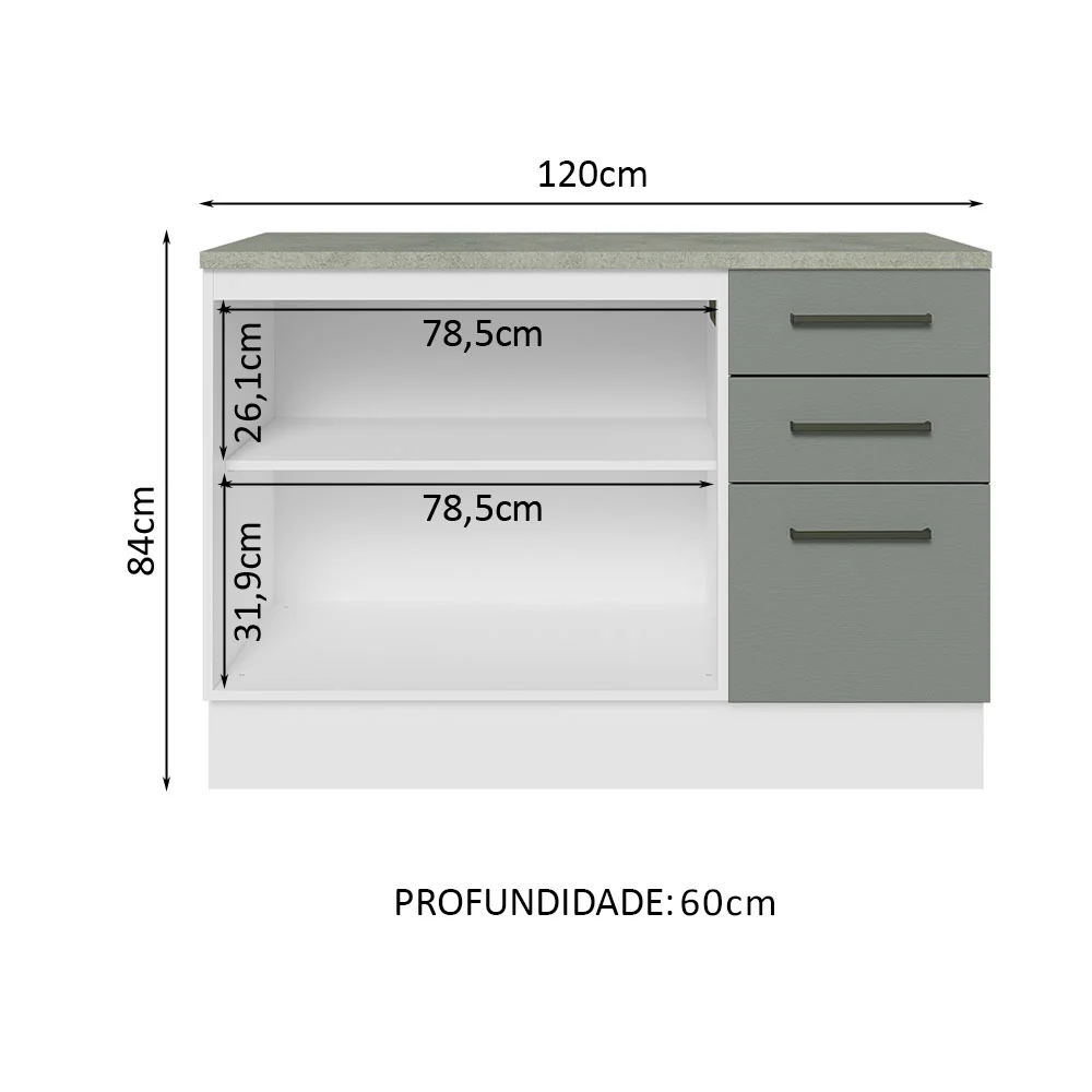 Balcão Cozinha 120 x 60 cm 2 Portas e 3 Gavetas (Com Tampo) Branco/Cinza Agata Madesa - Image 3