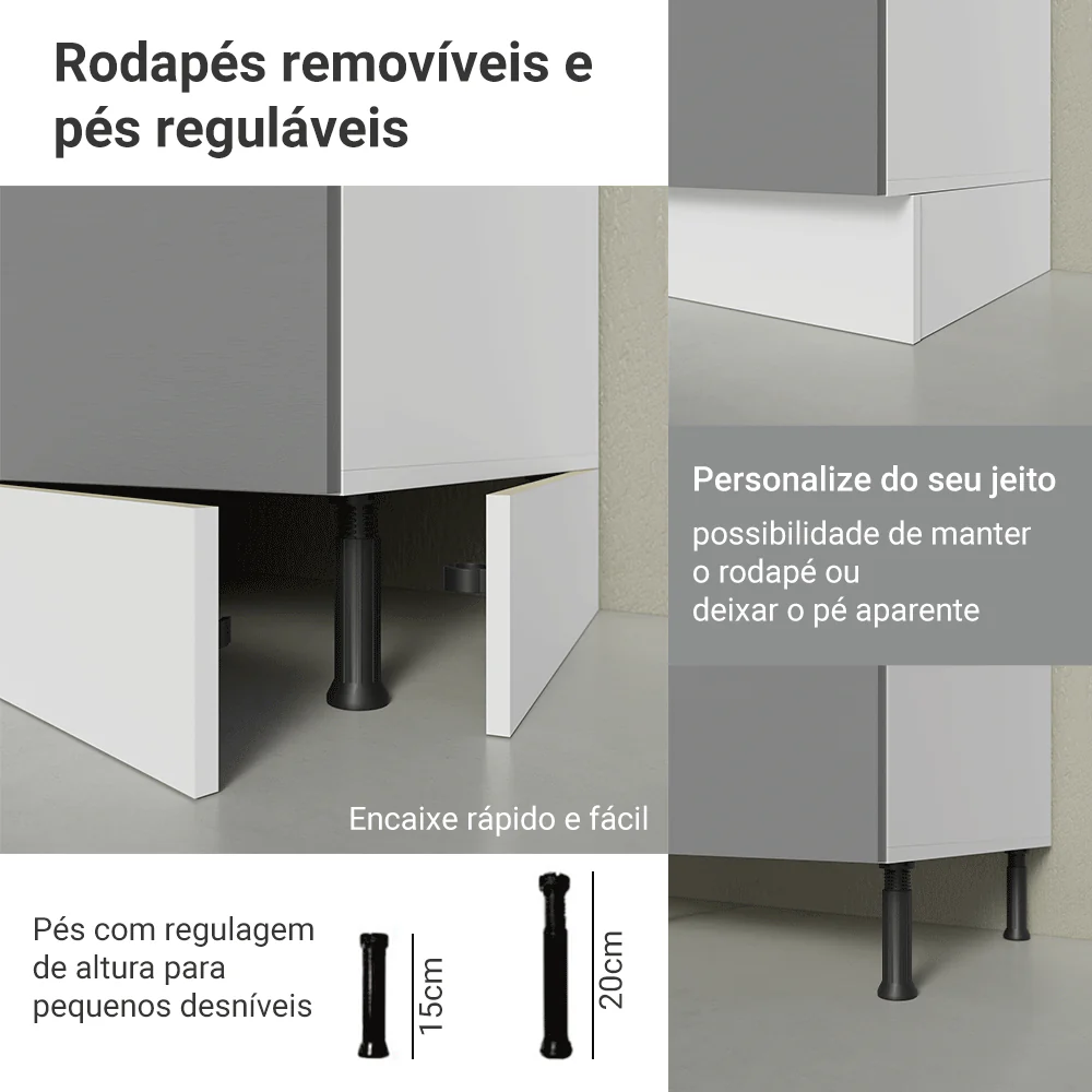 Balcão Cozinha 120 x 60 cm 2 Portas e 3 Gavetas (Com Tampo) Branco/Cinza Agata Madesa - Image 9