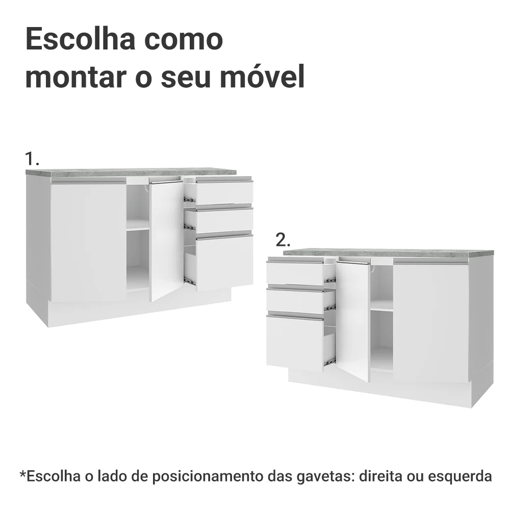 Balcão Cozinha 120 x 60 cm 2 Portas e 3 Gavetas (Com Tampo) Branco Glamy Madesa - Image 4