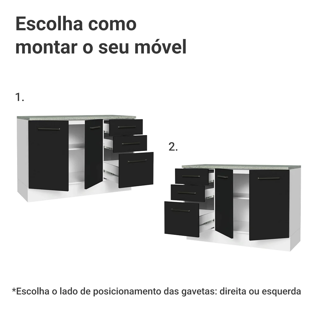 Balcão Cozinha 120 x 60 cm 2 Portas e 3 Gavetas (Com Tampo) Branco/Preto Agata Madesa - Image 4