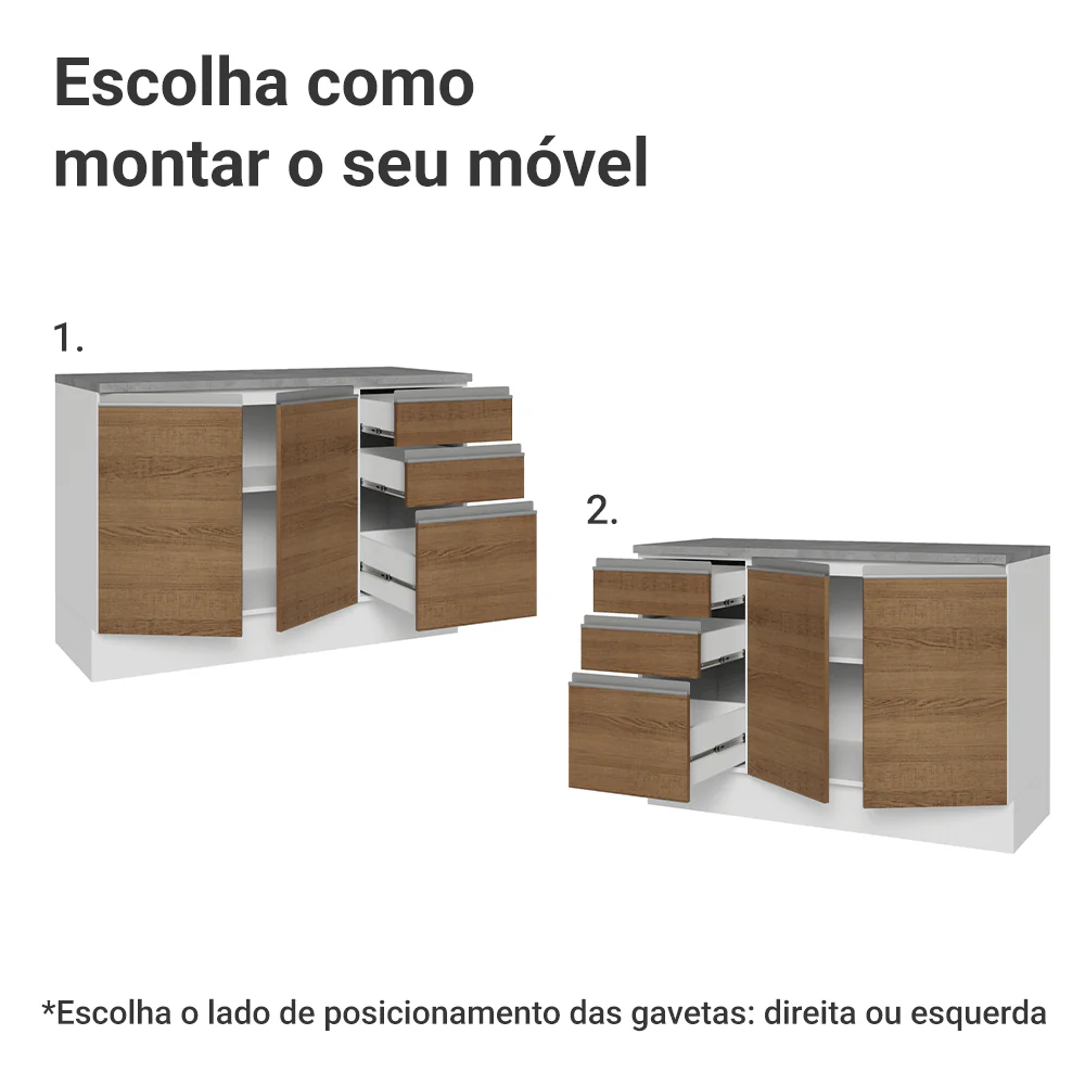 Balcão Cozinha 120 x 60 cm 2 Portas e 3 Gavetas (Com Tampo) Branco/Rustic Glamy Madesa - Image 4
