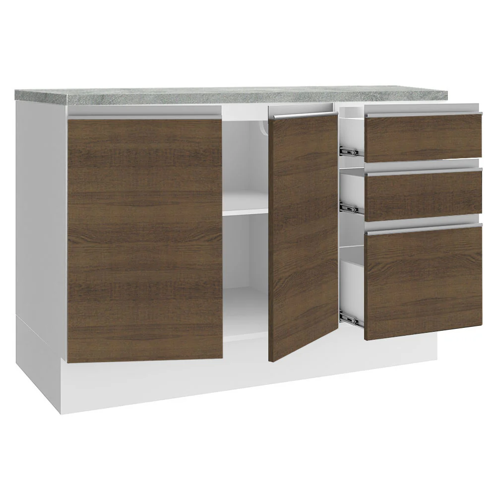Balcão Cozinha 120 x 60 cm 2 Portas e 3 Gavetas (Com Tampo) Branco/Rustic Glamy Madesa - Image 5
