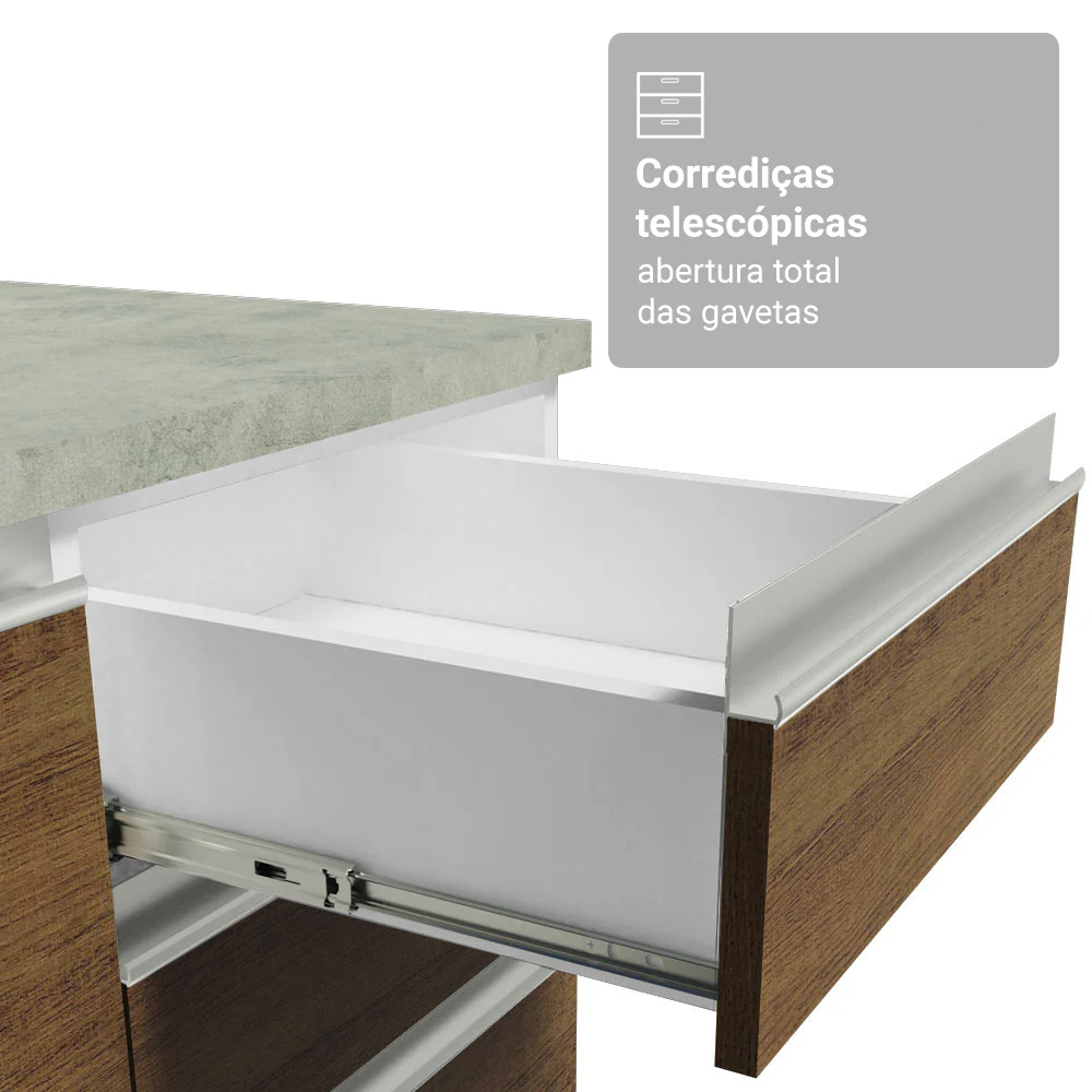 Balcão Cozinha 120 x 60 cm 2 Portas e 3 Gavetas (Com Tampo) Branco/Rustic Glamy Madesa - Image 6
