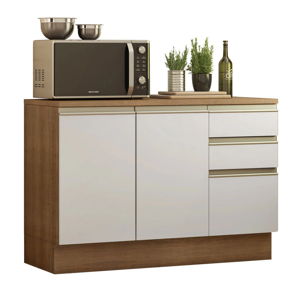 Balcão Cozinha 120 x 60 cm 2 Portas e 3 Gavetas (Com Tampo) Rustic/Branco Glamy Madesa