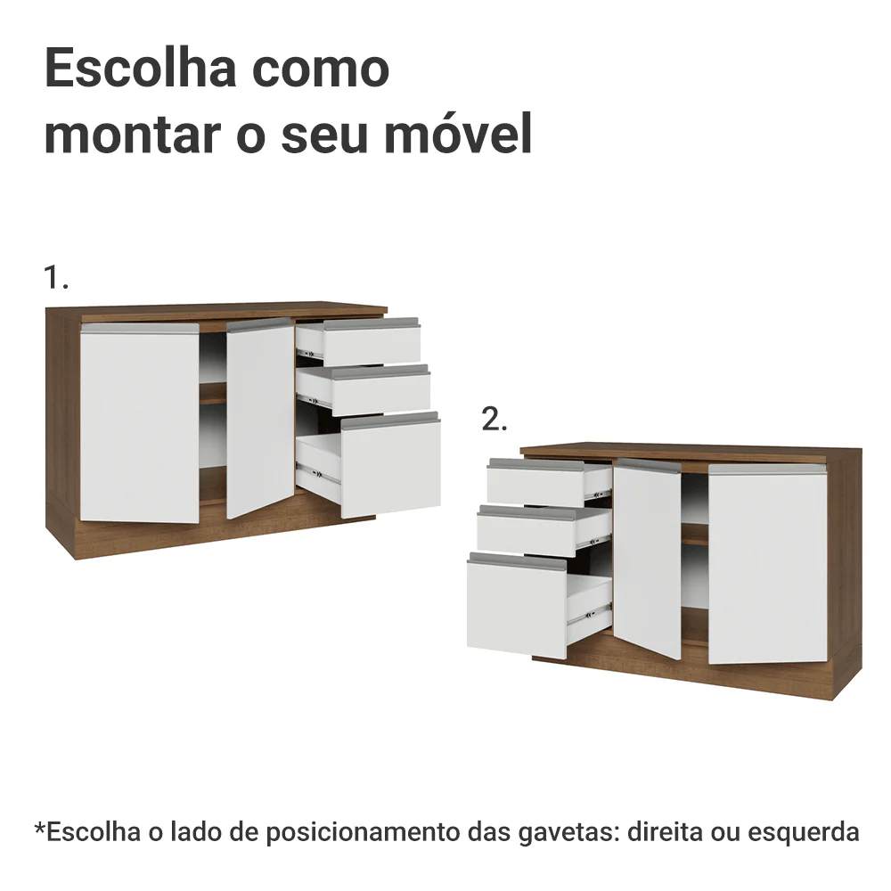 Balcão Cozinha 120 x 60 cm 2 Portas e 3 Gavetas (Com Tampo) Rustic/Branco Glamy Madesa - Image 4