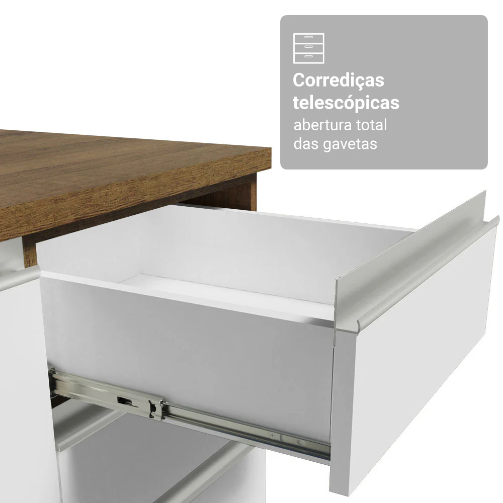Balcão Cozinha 120 x 60 cm 2 Portas e 3 Gavetas (Com Tampo) Rustic/Branco Glamy Madesa - Image 6