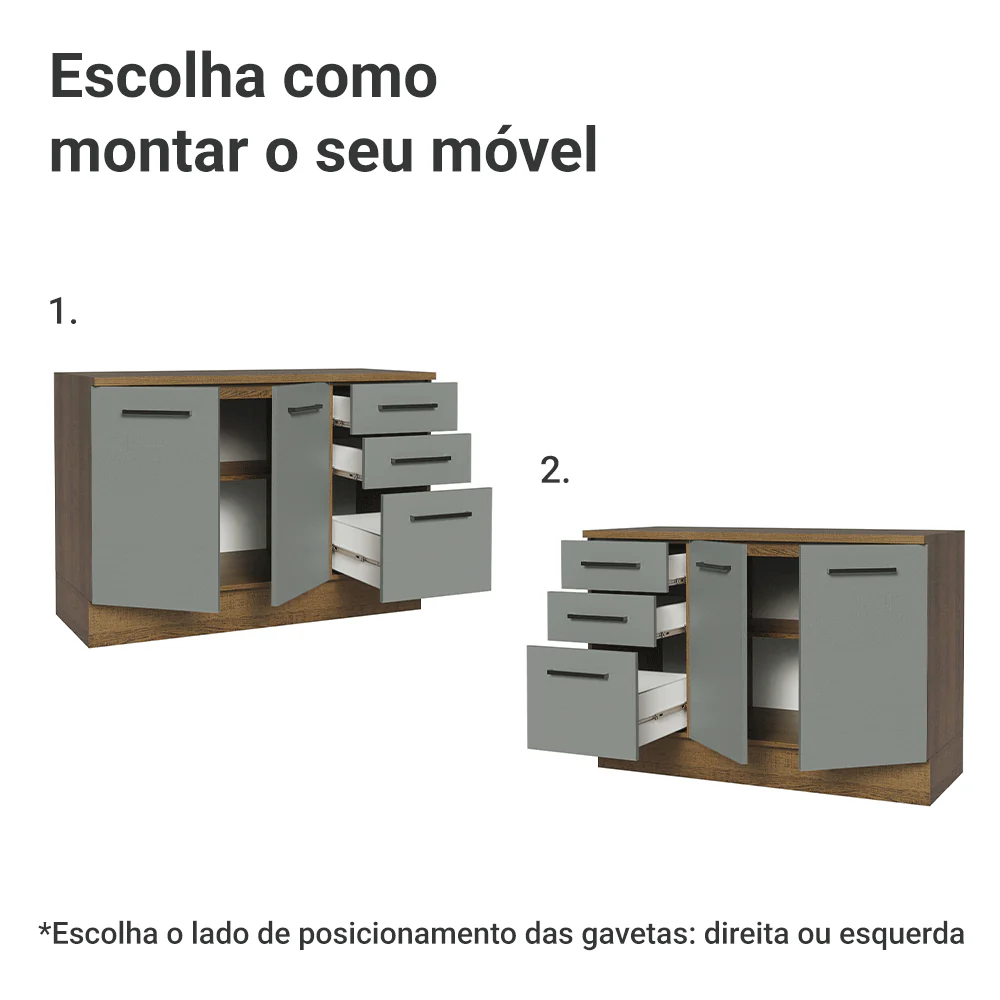 Balcão Cozinha 120 x 60 cm 2 Portas e 3 Gavetas (Com Tampo) Rustic/Cinza Agata Madesa - Image 4