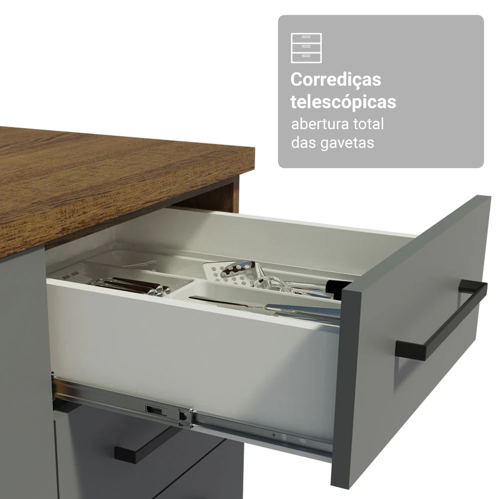 Balcão Cozinha 120 x 60 cm 2 Portas e 3 Gavetas (Com Tampo) Rustic/Cinza Agata Madesa - Image 6